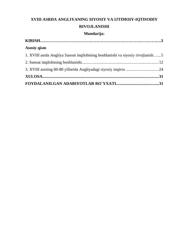 XVIII asrda Angliyaning siyosiy va ijtimoiy-iqtisodiy rivojlanishi