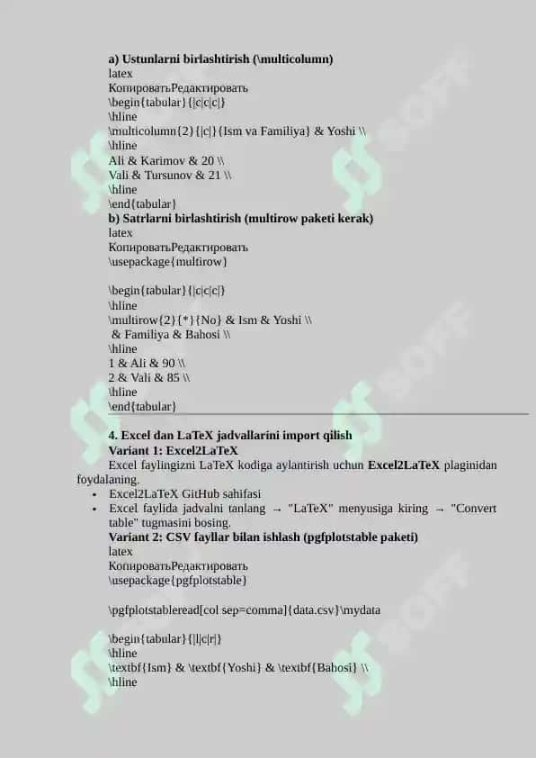 Latex elektron jadvallar bilan ishlash 2