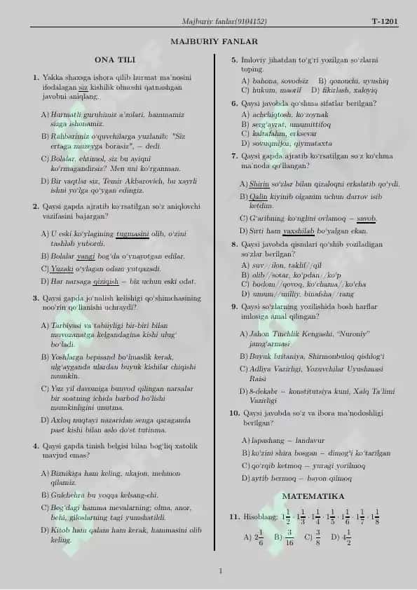BILIM VA MALAKALARNI BAHOLASH AGENTLIGI Matematika testlar 2
