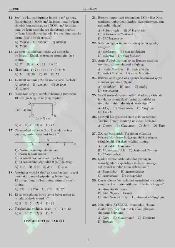 BILIM VA MALAKALARNI BAHOLASH AGENTLIGI Matematika testlar 3