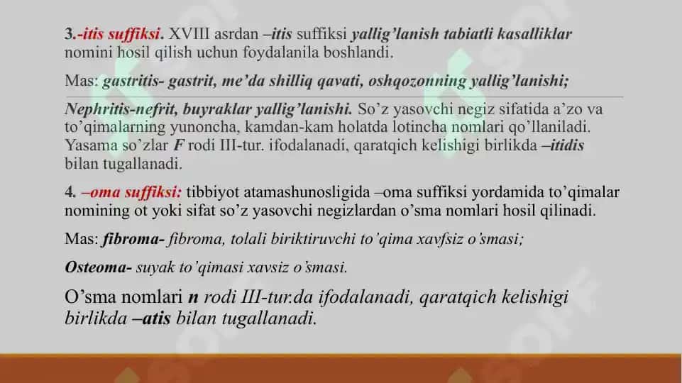 Yunon-lotin dubletlari. Organlardagi va to'qimalardagi patalogik o’zgarishlarni, terapevtik va xirurgik usullarini ifodalovchi yunon atama elementlari 4