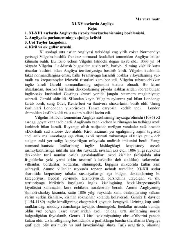 XI-XV asrlarda Angliya