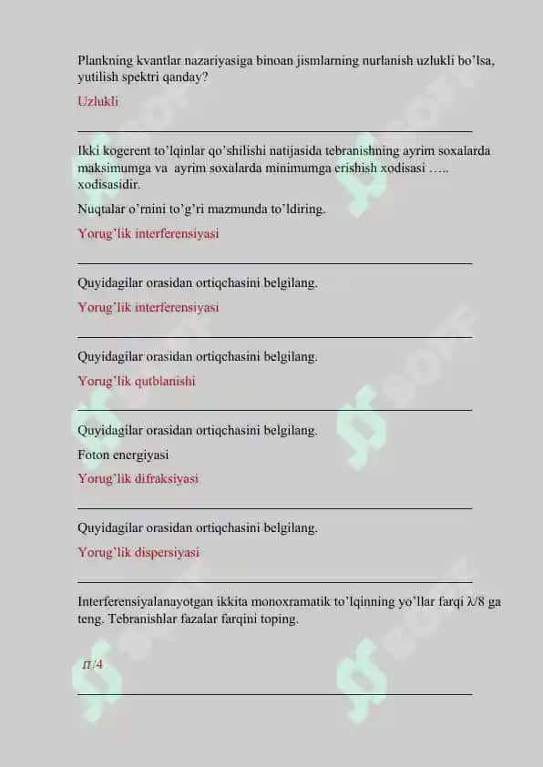 fizika fanidan test va javoblar 4