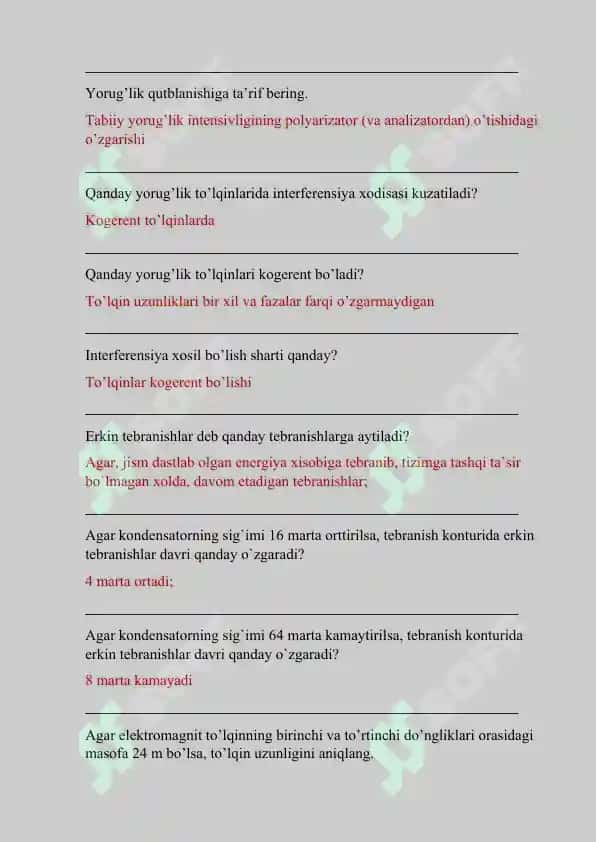 fizika fanidan test va javoblar 7