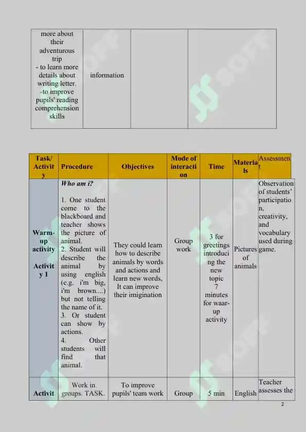 lesson plan animals 2
