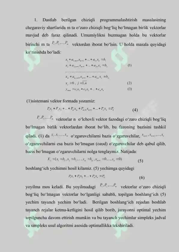 Simpleks usulning analitik berilishi. 2