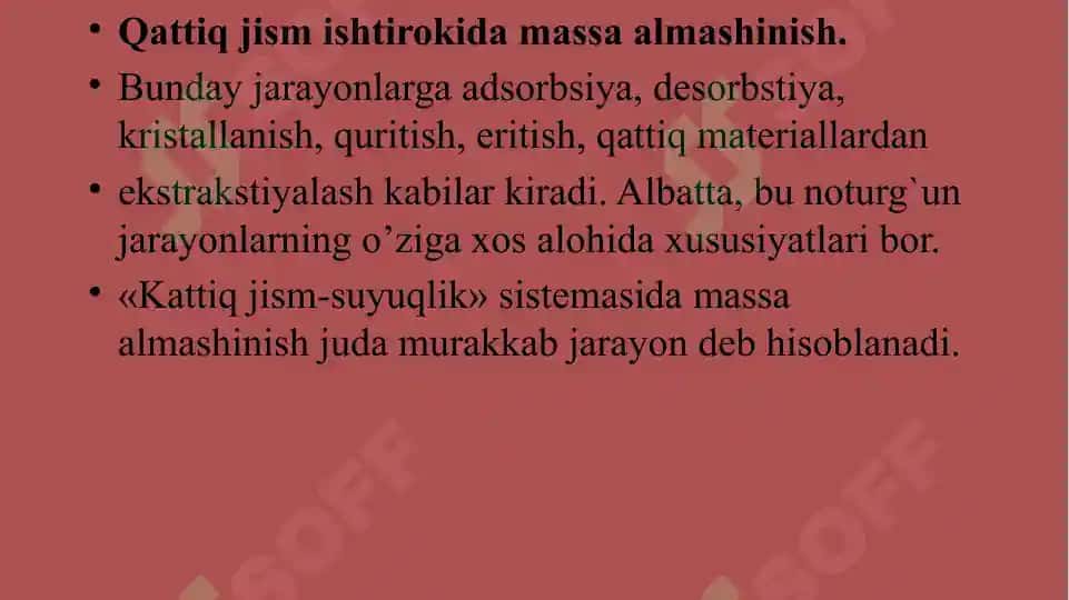 Massa almashinish asoslari. Fazalar qoidasi. Massa o'tkazishning asosiy qonuni. Massa almashinish jarayonlari mexanizmi. 6