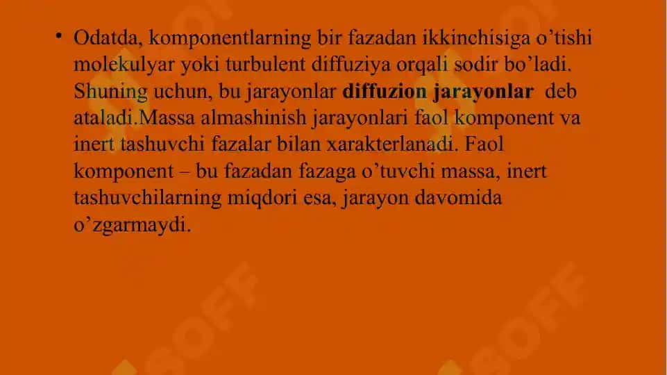 Massa almashinish asoslari. Fazalar qoidasi. Massa o'tkazishning asosiy qonuni. Massa almashinish jarayonlari mexanizmi. 8