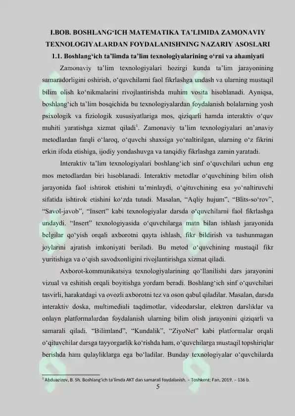 Boshlang‘ich matematika darslarida ta’lim texnologiyalari va axborot-kommunikatsiya texnologiyalaridan foydalanish 5