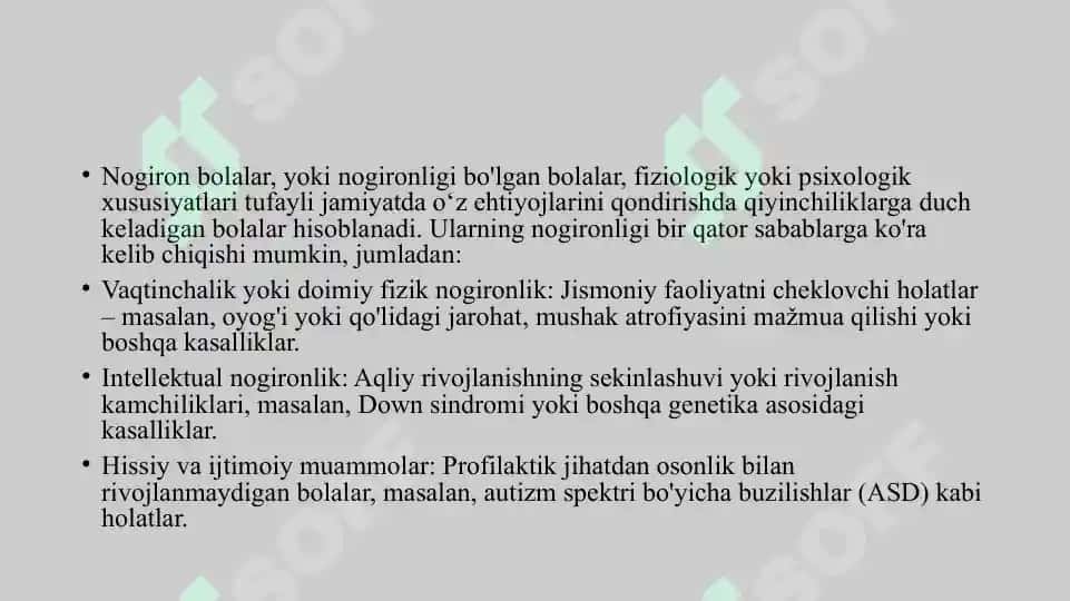 Nogiron bolalar haqida umumiy ma'lumot Ijtimoiy-pedagogik reabilitatsiya tushunchasi Ijtimoiy-pedagogik reabilitatsiyaning ahamiyati 4