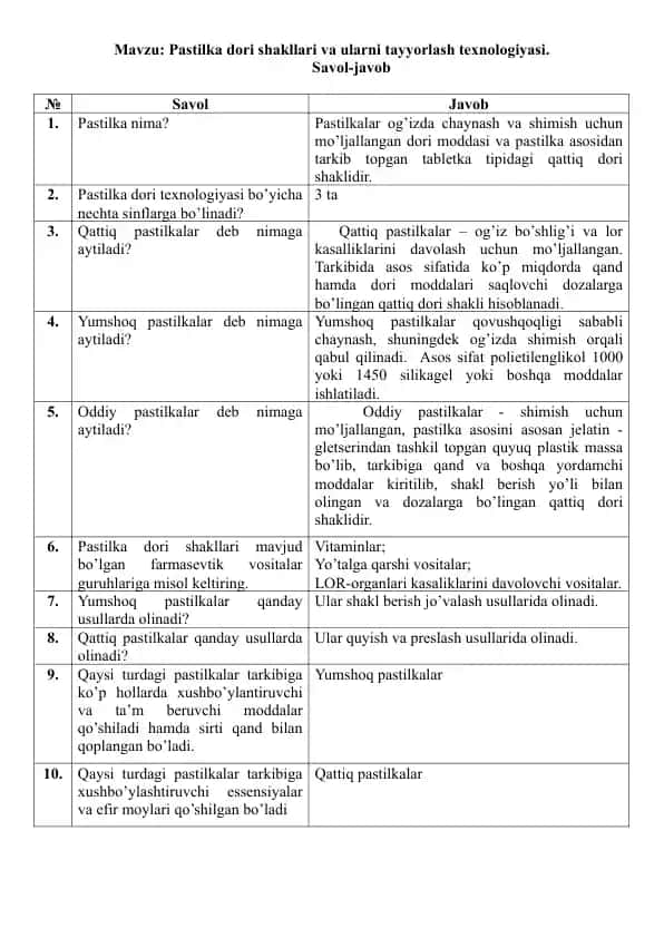 13.1. Pastilka dori shakllari va ularni tayyorlash texnologiyasi. Savol-javob, 10 ta.
