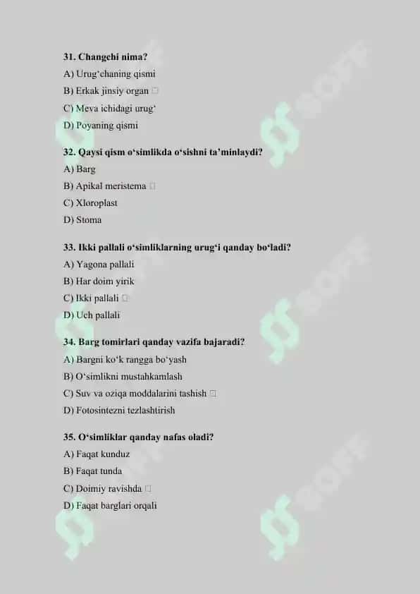 Botanika fanidan test savollari 8