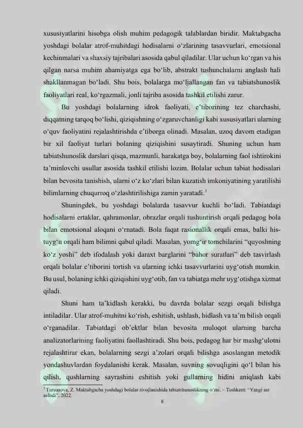 Maktabgacha yoshdagi bolalarni fan va tabiatshunoslik asoslari faoliyatini tashkil etishda loyihalashtirishning o'rni 8