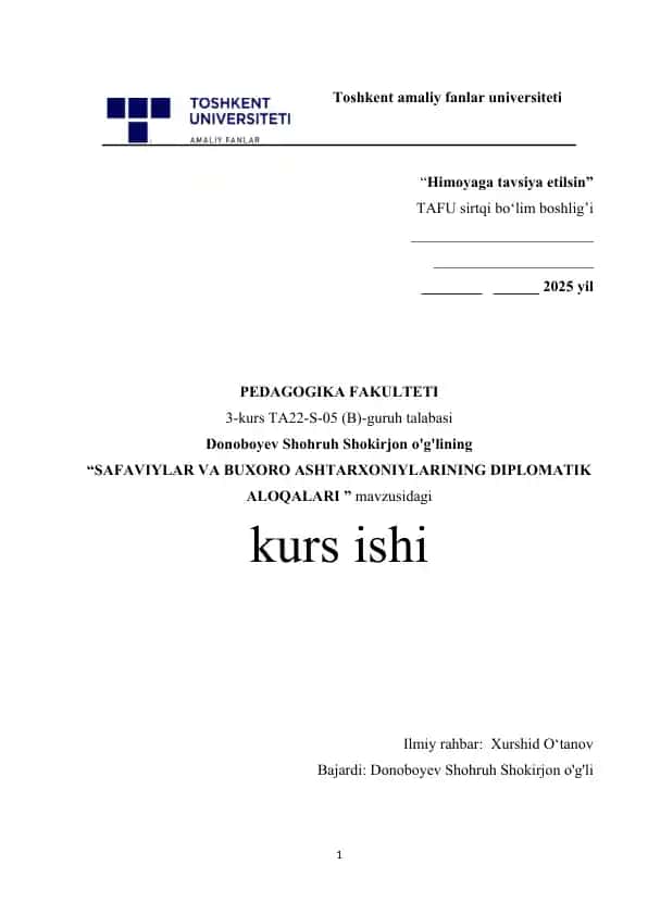 SAFAVIYLAR VA BUXORO ASHTARXONIYLARINING DIPLOMATIK ALOQALARI