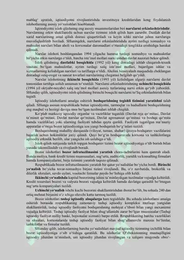 Iqtisodiy islohotlar, xususiy mulkchilikning shakllanishi. O’zbekistonda bozor munosabatlarining rivojlanishi 2