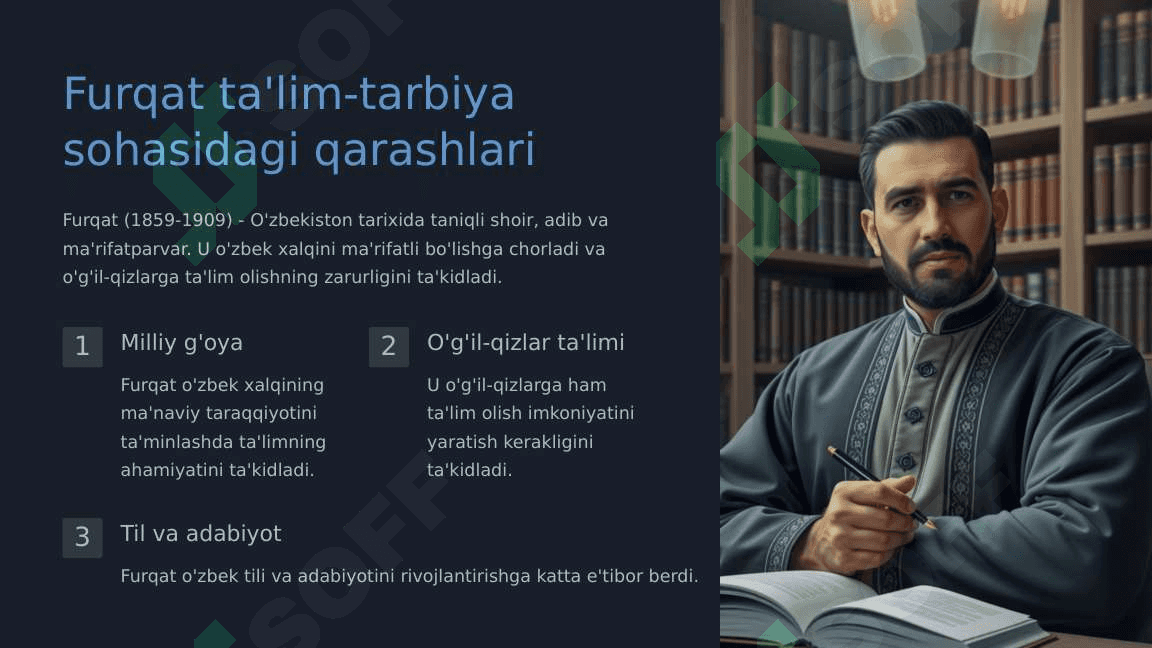 XIX asrning ikkinchi yarmi va XX asr boshlarida ta'lim va pedagogik fikrlar (Anbar otin, Furqat, Saidahmad Siddiqiy, Abdulla Avloniylarning ta'lim-tarbiya taraqqiyotida tutgan o'rni). 4