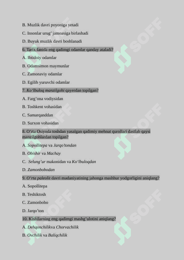 6-sinf tarix test javoblari bilan. 2
