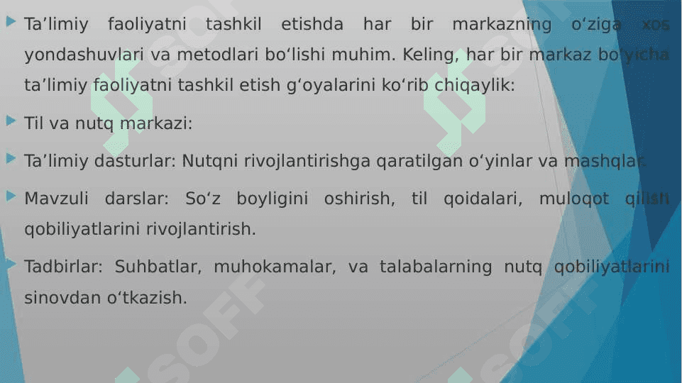 “Til va nutq markazi”, “Ilm fan va tabiat”, “Qurish-yasash, konstruksiyalash va matematika markazi”, “San’at markazi”,“Syujetli rolli o‘yinlar va sahnalashtirish” markazida ta’limiy faoliyatni tashkil etish 3