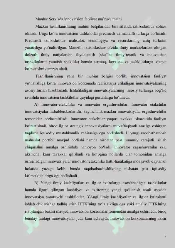 Innovatsion faoliyatlar qo’llanilishi mumkin bo’lgan xizmat ko’rsatish yo’nalishlari 8