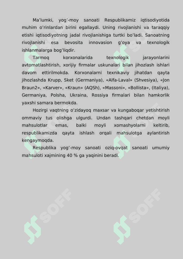 Quvvati 90 t/sutka bo’lgan ekistiraksiyalangan paxta yog’i ishlab chiqarish texnalogiyasi va xafsizlik ko’rsatkichlari. 4