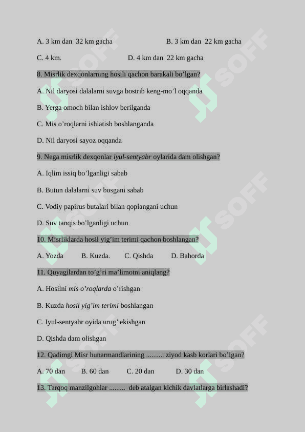 6-sinf tarix fanidan testlar javoblari bilan 2