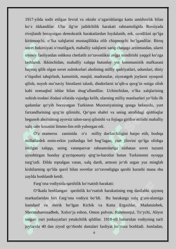 Sovet hokimiyatiga qarshi Farg’ona vodiysidagi qurolli harakatlarning yetakchilari va ularning faoliyati 6