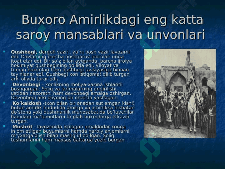 BUXORO AMIRLIGIDA SAROY UNVONLARI VA MANSABLAR 2