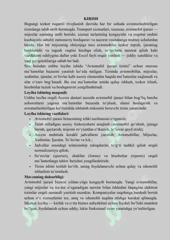 Avtomobil ijarasi tizimi | Loyiha ishi 3