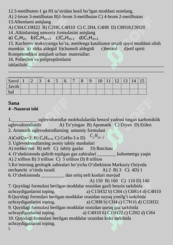 10-sinf nazorat ishi kimyo 2024 5