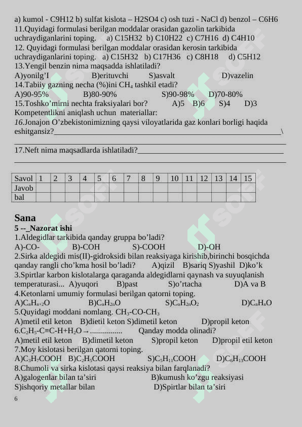 10-sinf nazorat ishi kimyo 2024 6