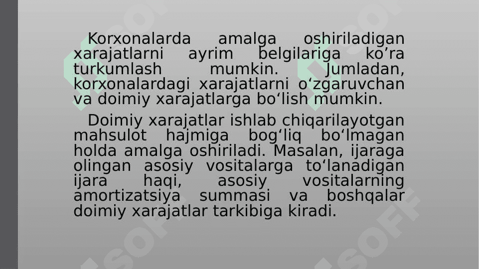 KORXONALARDA ISHLAB CHIQARISH VA DAVR XARAJATLARI  TAHLIL  MAHSULOT TANNARXI 8
