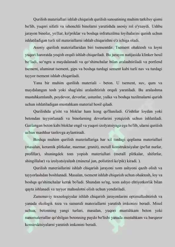 DEVORBOP QURILISH MATERIALLARINI ISHLAB CHIQARISHNING TARAQQIYOT YO‘NALISHLARI. 2