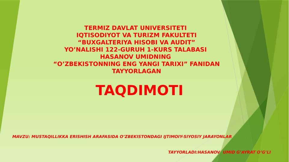 MUSTAQILLIKKA ERISHISH ARAFASIDA O’ZBEKISTONDAGI IJTIMOIY-SIYOSIY JARAYONLAR