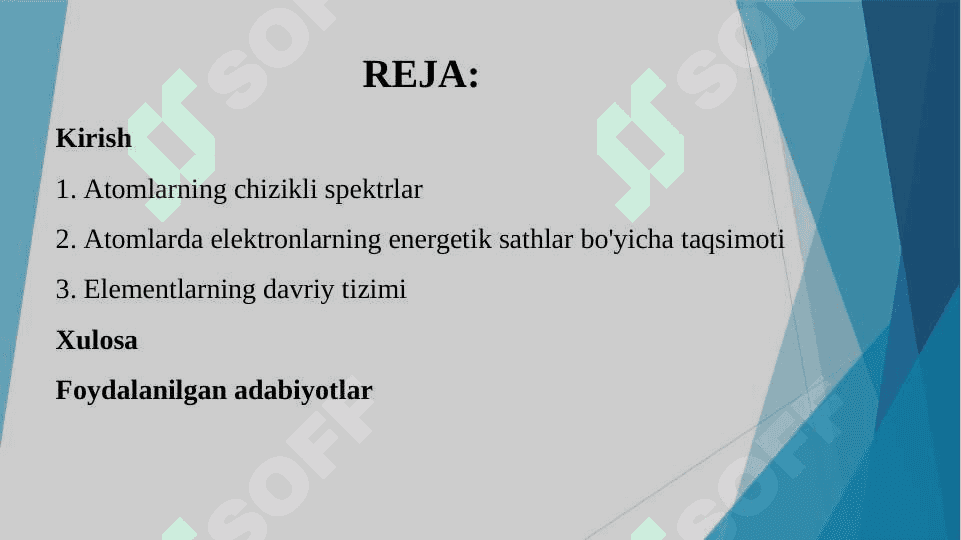 ATOMLARNING CHIZIKLI SPEKTRLAR. ATOMLARDA ELEKTRONLARNING ENERGETIK SATHLAR BO'YICHA TAQSIMOT 2