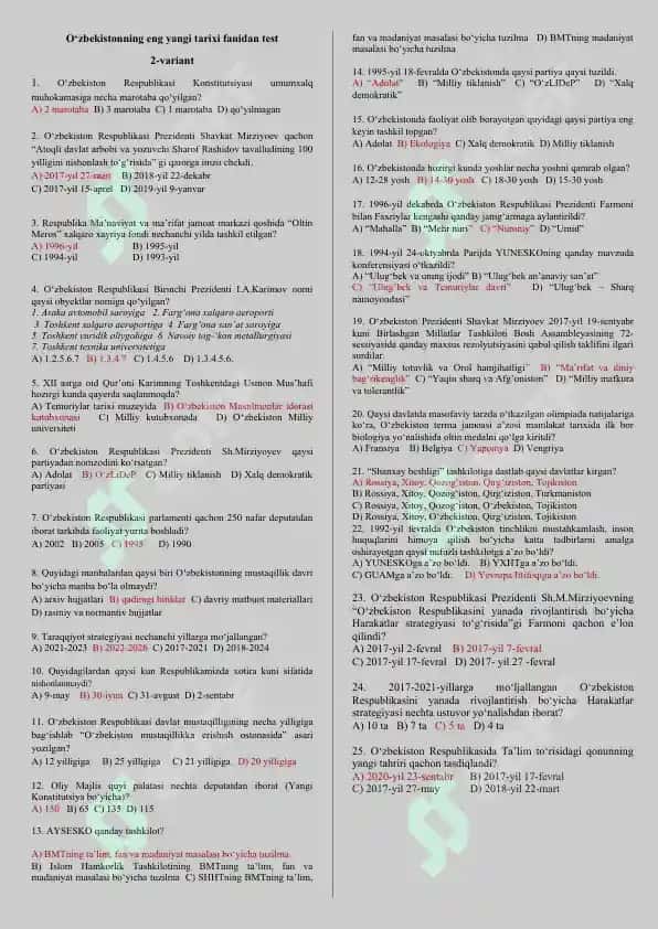 O‘zbekistonning eng yangi tarixi fanidan test 2