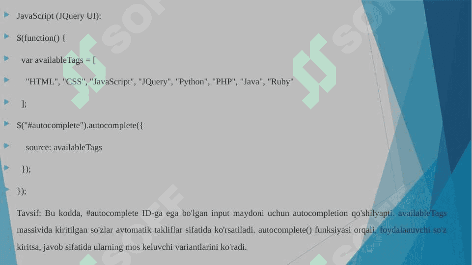 JQuery Ui vidjetlari:accordion, autocomplete. Amaliy ko'rsatmalar 7