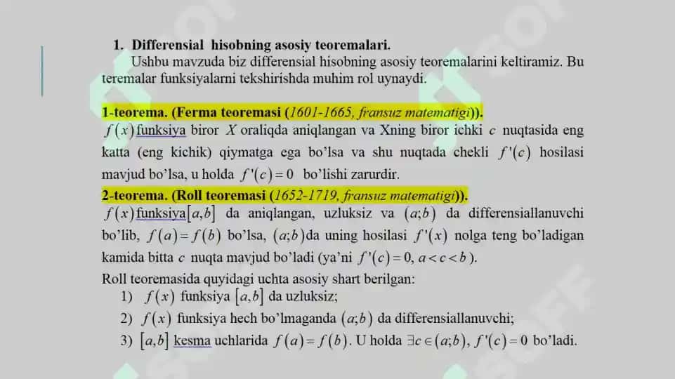 DIFFERENSIAL HISOBNING ASOSIY TEOREMALARI 2