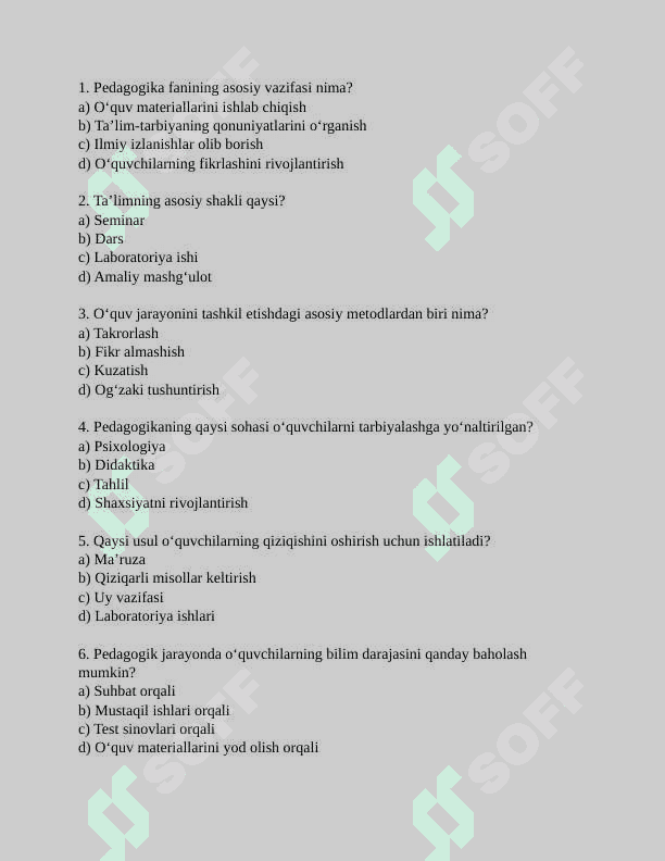 Umumiy pedagogika fanidan tayyorlagan 30 ta Test (javoblar kaliti bilan ) 2