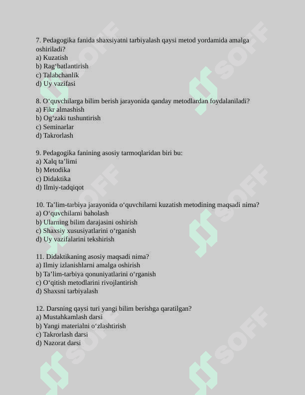 Umumiy pedagogika fanidan tayyorlagan 30 ta Test (javoblar kaliti bilan ) 3