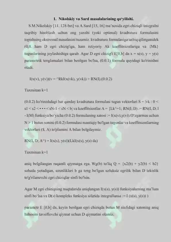 Optimal Kubatur Formulalar va Ularning Tadqiqi 3