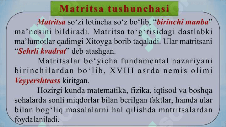 MATRITSALAR VA ULAR USTIDA AMALLAR 2
