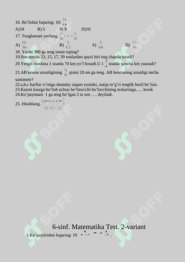 6-sinf Matematika test 2