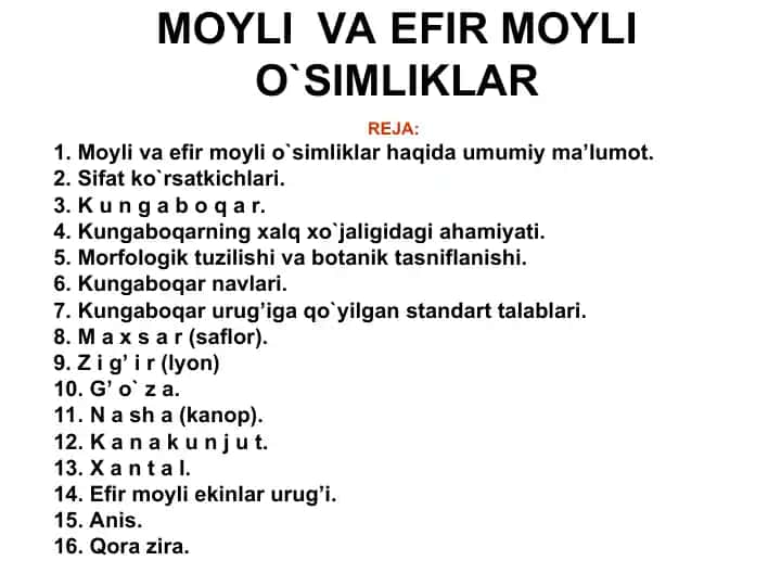 Moyli va efir moyli o`simliklar
