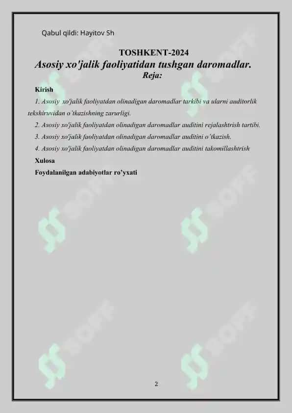 Asosiy xo'jalik faoliyatidan tushgan daromadlar bilan bog'liq auditorlik tekshiruvi 2