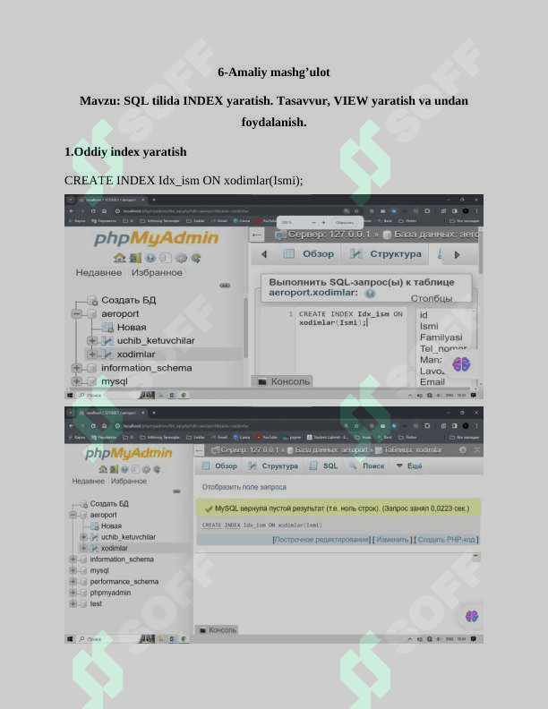 SQL tilida INDEX yaratish. Tasavvur, VIEW yaratish va undan foydalanish 2