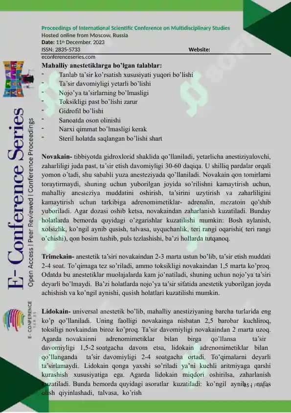 STOMATOLOGIYA DAMAHALLIY ANESTIZIYA UCHUN QO’LLANILADIGAN DORIVOSITALARI 2