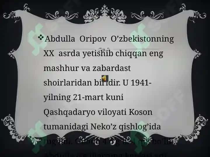 MAVZU: ABDULLA   ORIPOV  HAYOTI  VA IJODI 4