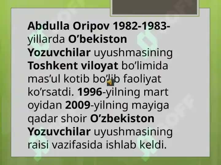 MAVZU: ABDULLA   ORIPOV  HAYOTI  VA IJODI 8