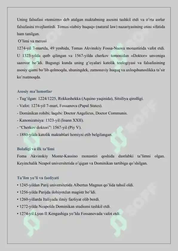 Foma Akvinskiy- o’rta asrlar filosofi va teologi biografik ma’lumotlar 2