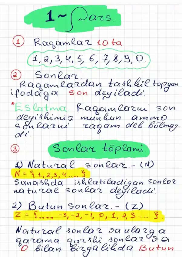 Natural sonlar va ular ustida amallar dars